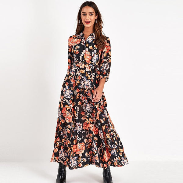 Vintage Floral Print Maxi Dress - Three Quarter Sleeve Long Dress