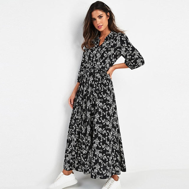 Vintage Floral Print Maxi Dress - Three Quarter Sleeve Long Dress Zexy and Classy Vintage Floral Print Maxi Dress - Three Quarter Sleeve Long Dress Zexy and Classy