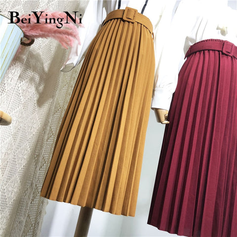 Vintage Style High Waist Women Skirt Solid Belted Pleated