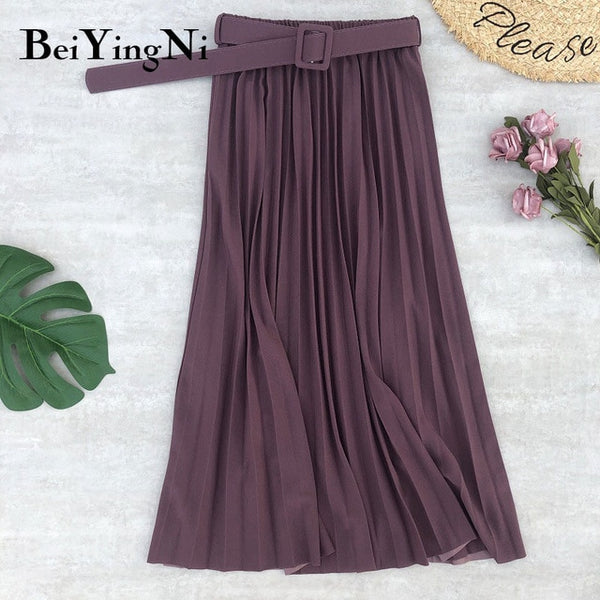 Vintage Style High Waist Women Skirt Solid Belted Pleated