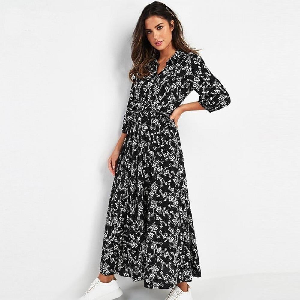 maxi dress with black top and printed bottom Vintage Floral Print Maxi Dress