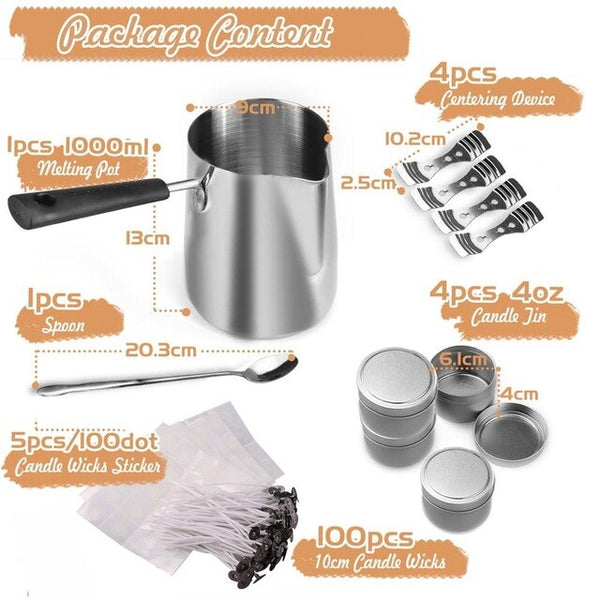 Z&C - Candle Making - 210PCS Supplies Kit 34oz Melting Pot with Long Handle Spoon 4oz Tins Wicks Stickers For Centering Devices